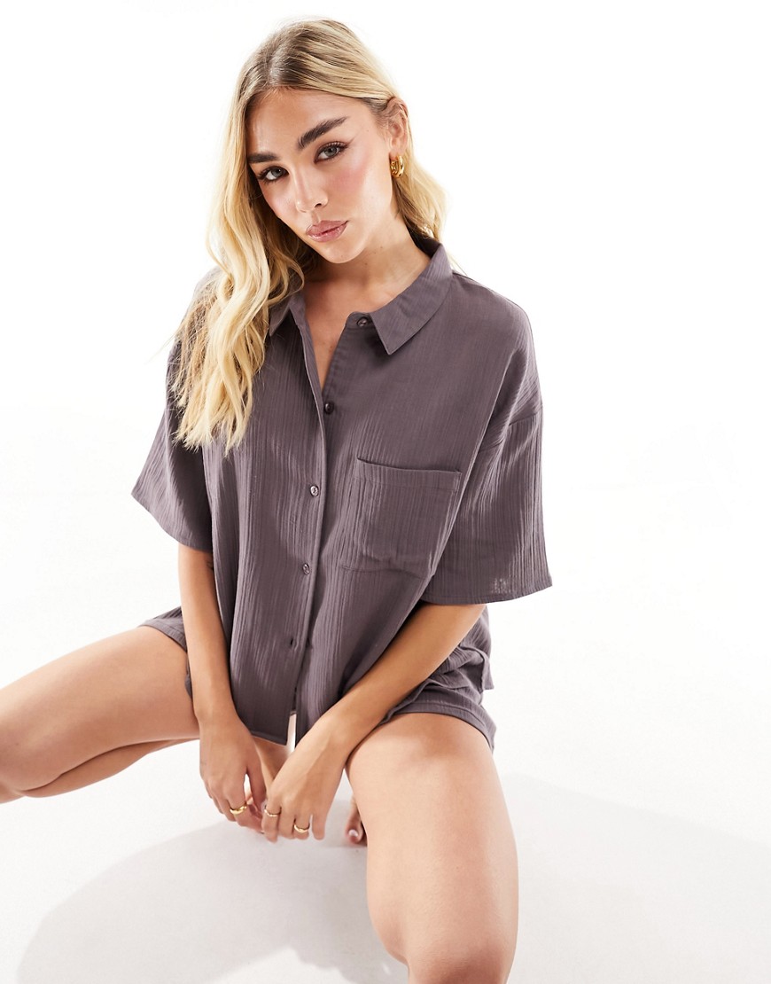 Luna oversized pyjama shirt co-ord in charcoal-Grey