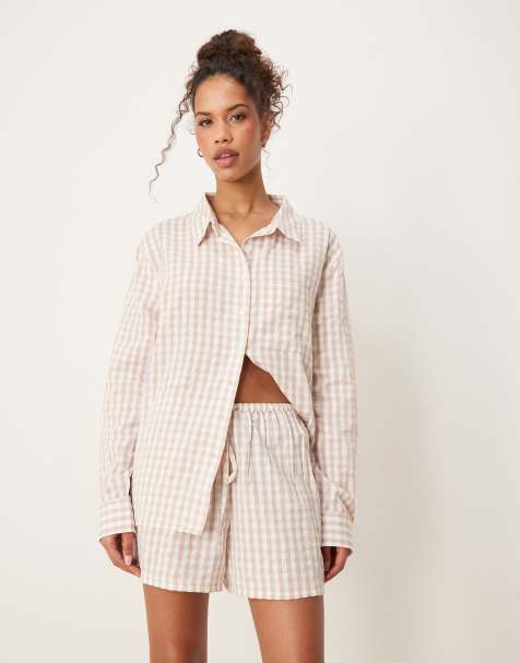 Luna oversized pyjama shorts co-ord  in beige - view 1