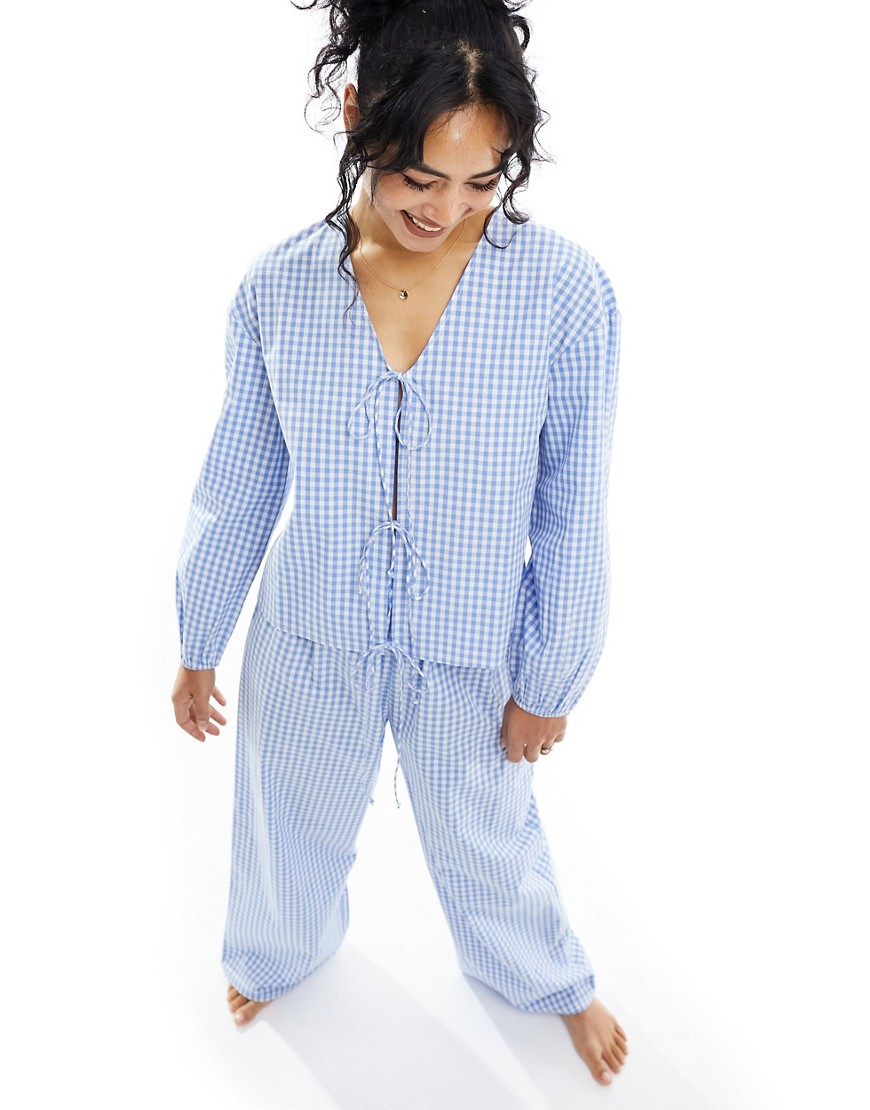 Luna oversized pyjama top co-ord with tie details in blue gingham