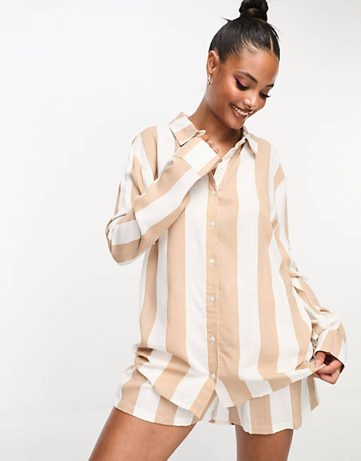 Luna oversized shirt and short pajama set in striped beige | ASOS