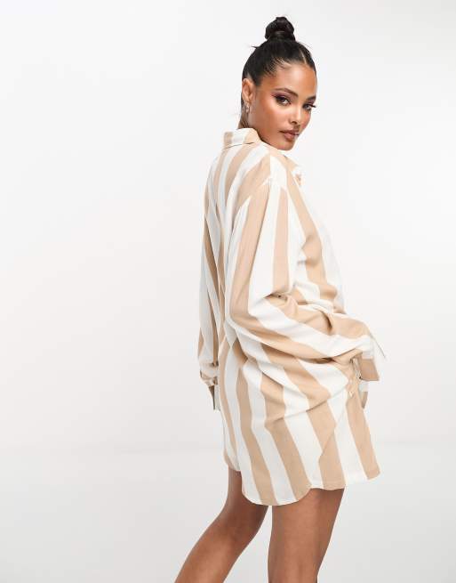 Luna oversized shirt and short pajama set in striped beige | ASOS