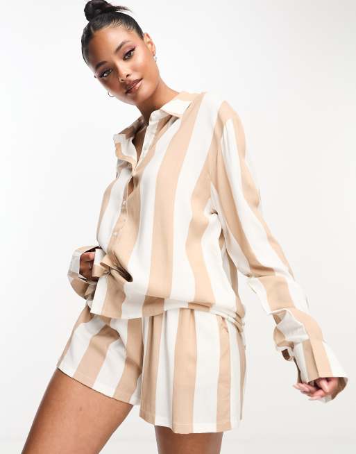 Luna oversized shirt and short pajama set in striped beige