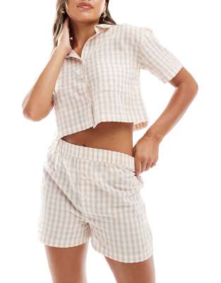 Luna - Pyjama-Boxershorts in Beige kariert-Neutral