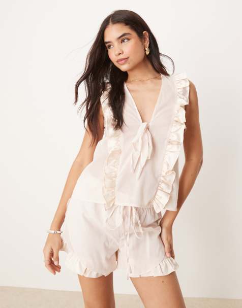 Luna satin ruffle pj top co ord in baby pink - view 1