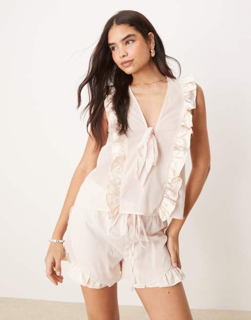 Luna satin ruffle PJ top in baby pink (part of a set)