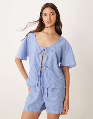 Luna short sleeve tie front top pyjama co ord in blue gingham