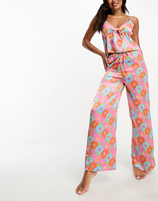 Luna strappy cami and wide leg pants pajama set in retro floral print