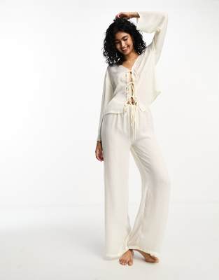 Luna Luna tie front oversized top and trouser pyjama set in off white