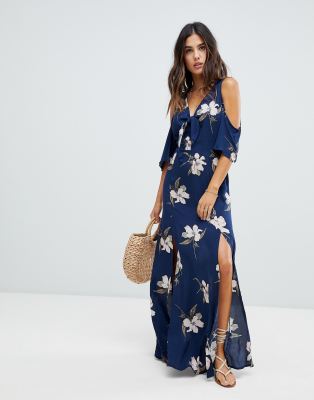 navy floral cold shoulder maxi dress