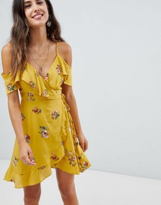 Lunik floral print cold shoulder wrap dress-Yellow