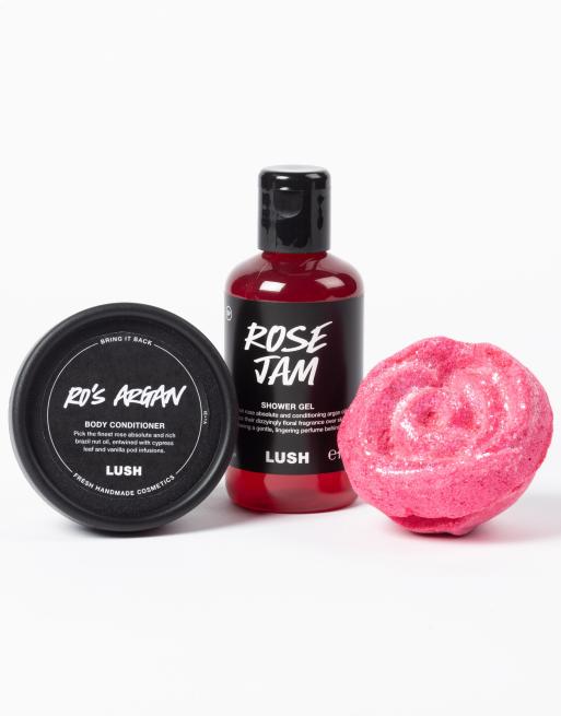 LUSH – Best for feeling – Zestaw różanych kosmetyków: żel pod prysznic, odżywka do ciała i kostka bąbelkowa