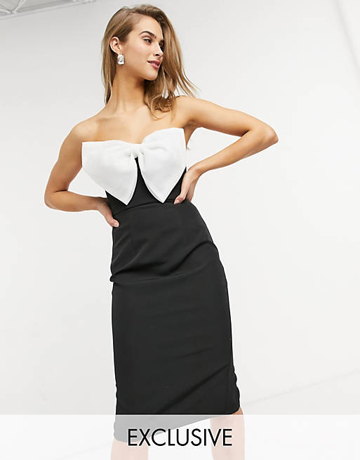 Lusso the Label exclusive bandeau midi dress with tuxedo bow in black