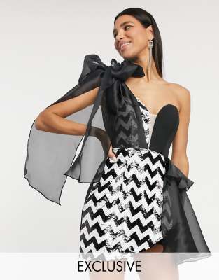 LUSSO THE LABEL EXCLUSIVE ORGANZA BOW SHOULDER MINI DRESS IN MONOCHROME CHEVRON SEQUIN-MULTI