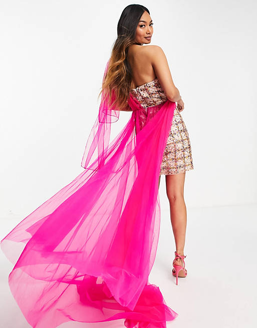 Women Lusso the Label exclusive organza tie shoulder mini dress with train in pink check sequin 