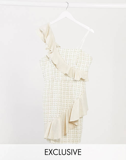  Lusso the Label exclusive ruffle boucle mini dress in cream and gold 