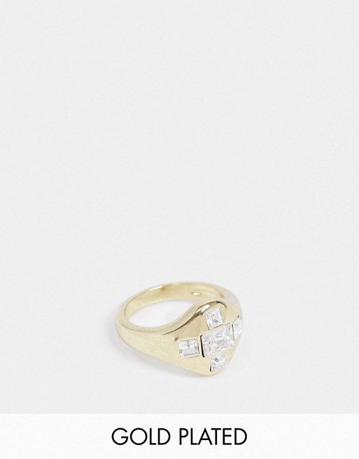 Luv AJ patchwork baguette signet ring in gold plate