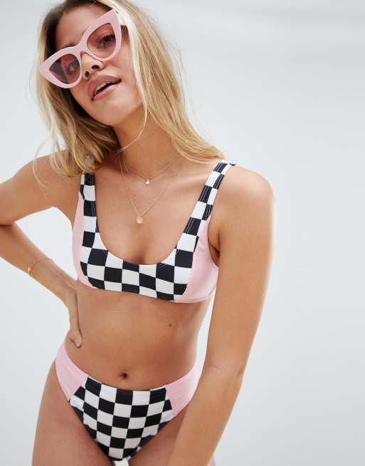 Checkered Bikini Top, Black White Checkerboard Check Sports