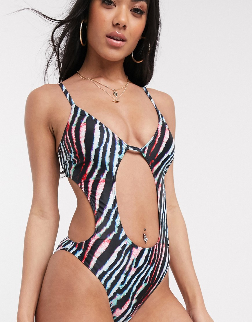 Luxe Palm cut out exposed tie front swimsuit-Multi
