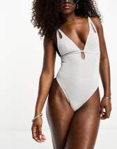 South Beach shiny tie front high rise swim suit in silver