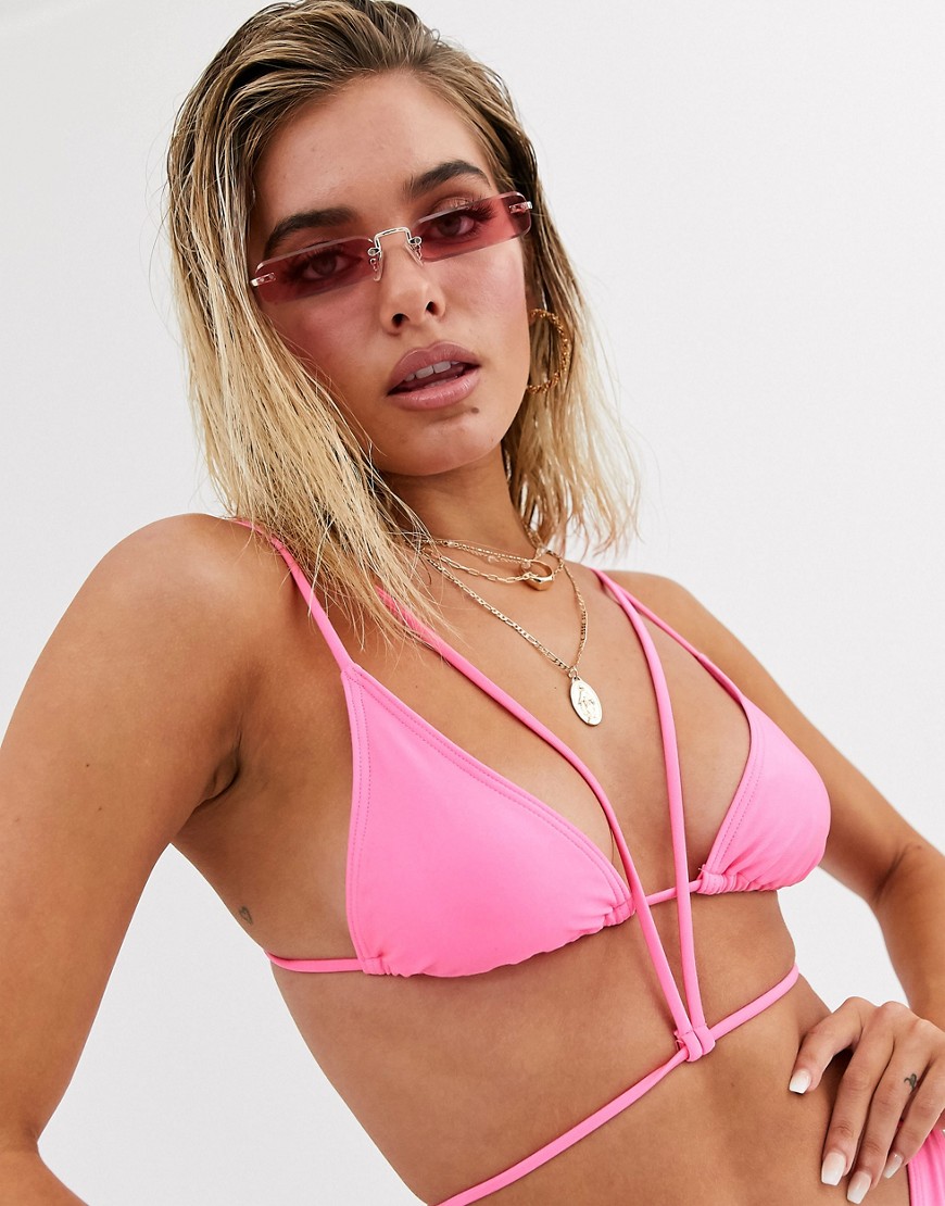 Luxe Palm High Shine Draped Bikini Top with Layered Straps-Pink