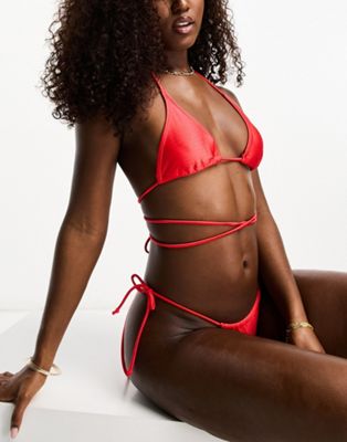 high shine strappy triangle bikini top in red