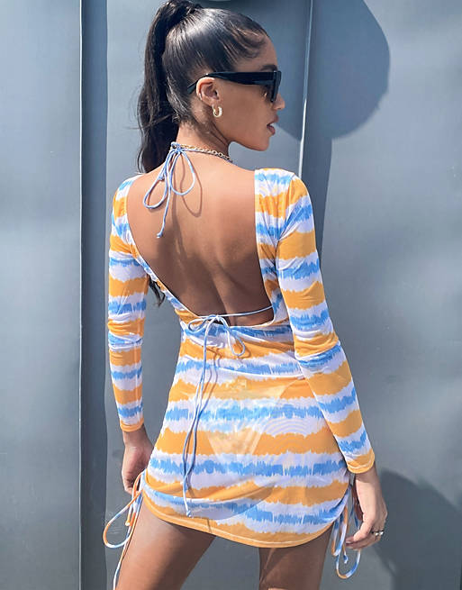 Luxe Palm mesh mini dress with scoop back in orange tie dye