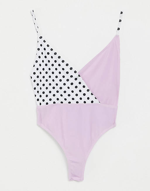 Luxe Palm mixed swimsuit in purple and polka dot