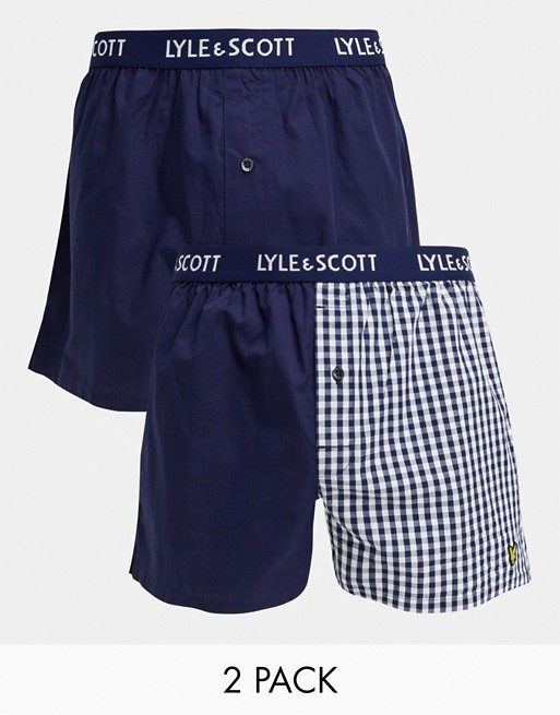 Lyle & Scott Bodywear 2 pack woven boxers in navy and gingham cut and sew