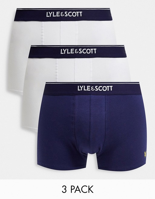 Lyle & Scott Bodywear 3 pack contrast waistband trunks in white navy and grey