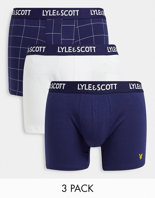 Lyle & Scott Bodywear 3 pack trunks in white check and navy