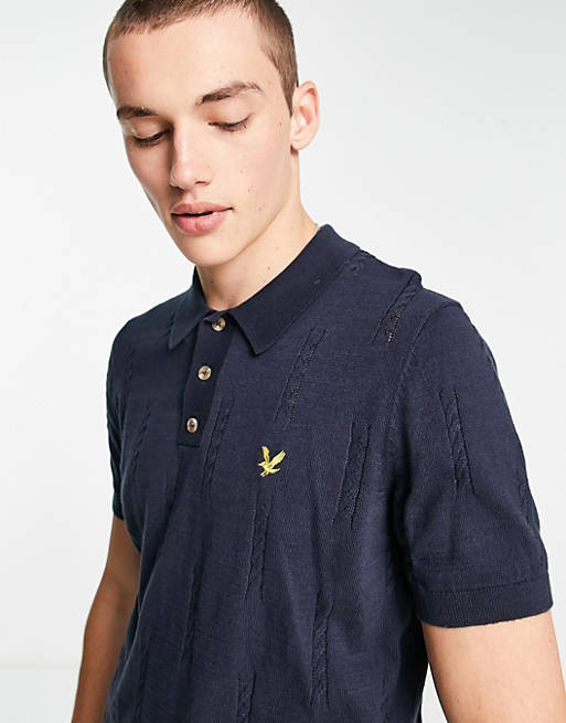 Lyle & Scott Archive cable knit polo shirt in navy