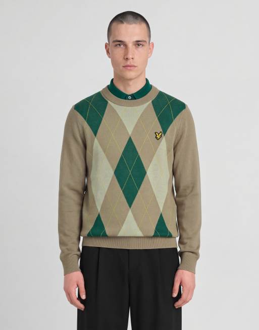 Lyle & Scott Argyle-Strickpullover mit Rundhalsausschnitt in Camel Taupe, 2 von 5