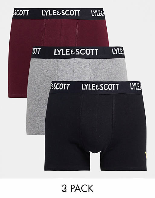 Lyle & Scott Bodywear Barclay 3 pack trunks with repeated logo in black/ grey/ burgundy