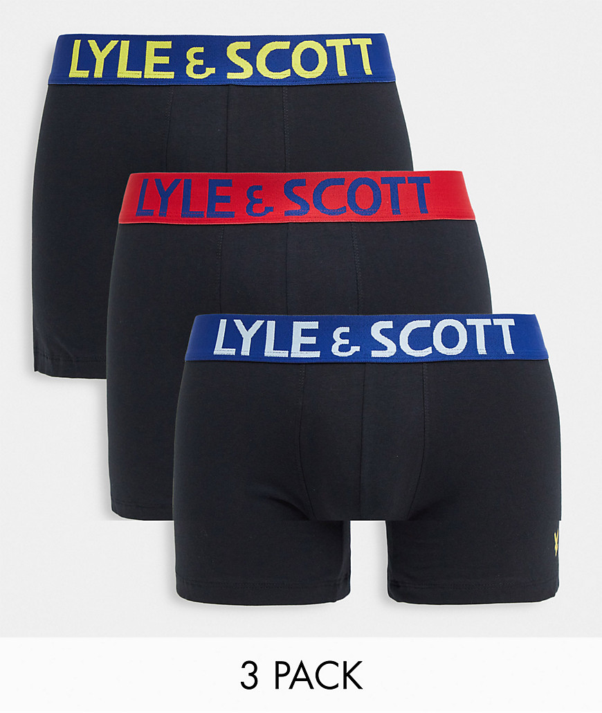 Lyle & Scott Bodywear Daniel 3 pack contrast logo waistband trunks in black