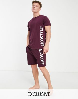 Lyle & Scott Bodywear Ivan large logo t-shirt & shorts set in burgundy
