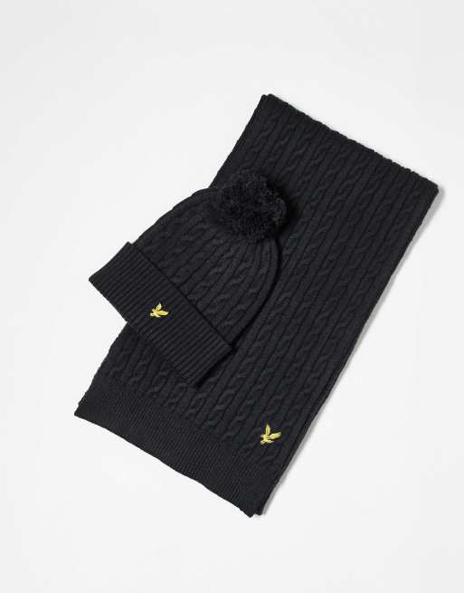 Lyle & Scott cable bobble beanie & scarf set in black