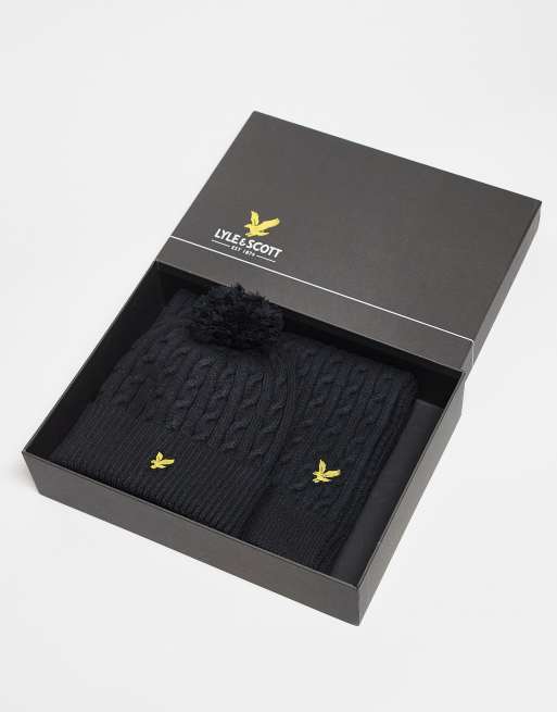 Lyle Scott cable bobble beanie scarf set in black ASOS