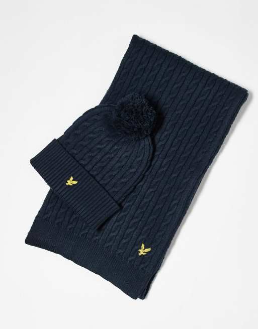 Lyle & Scott cable bobble beanie & scarf set in dark blue