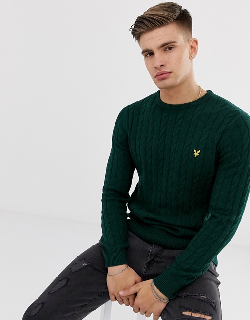 Lyle & Scott cable knit crew neck wool blend jumper in green