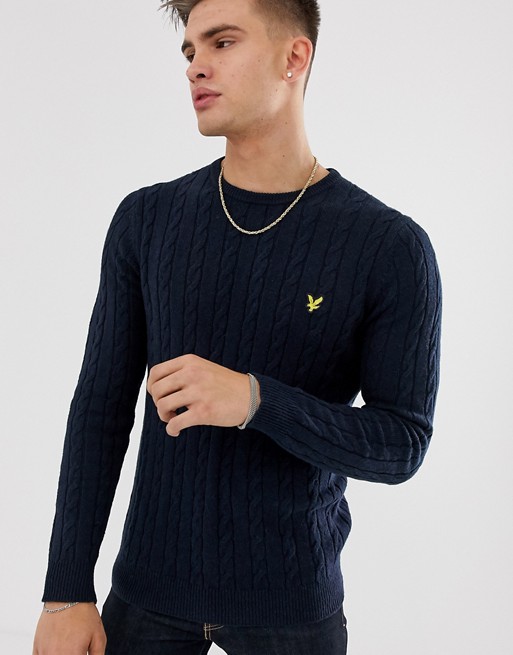 Lyle & Scott cable knit crew neck wool blend jumper in navy