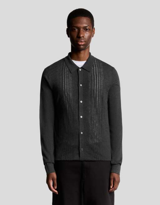 Lyle & Scott cable knitted shirt in charcoal marl  