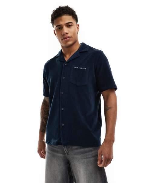 Lyle & Scott - Camicia a maniche corte in spugna blu navy con colletto a rever - view 1