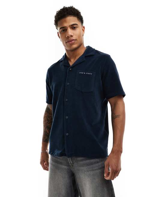 Lyle & Scott - Camicia a maniche corte in spugna blu navy con colletto a rever