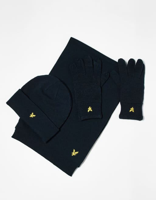 Lyle & Scott checked scarf and beanie gift set in dark blue