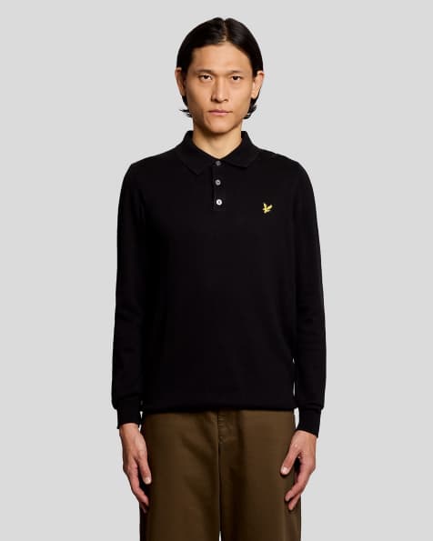 Lyle & Scott cotton merino long sleeve knitted polo in black  - view 1