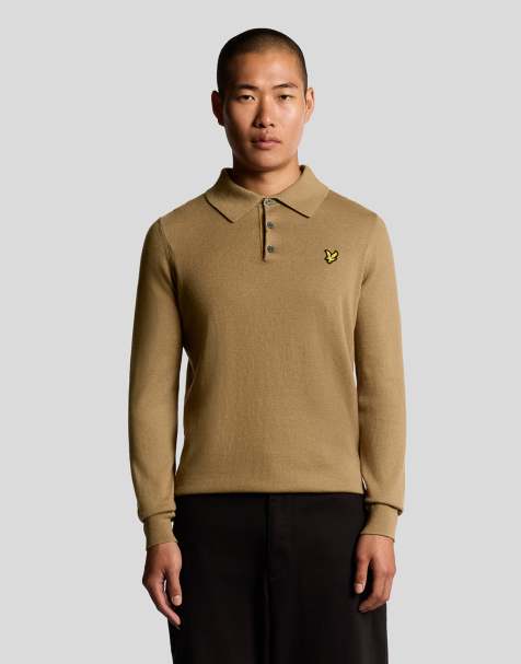 Lyle & Scott  cotton merino long sleeve knitted polo in  tigers eye - view 1