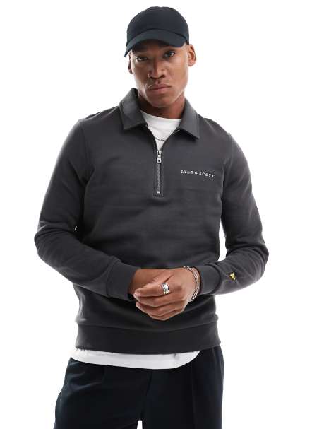 Lyle & Scott embroidered collared quarter zip in grey/white - view 1