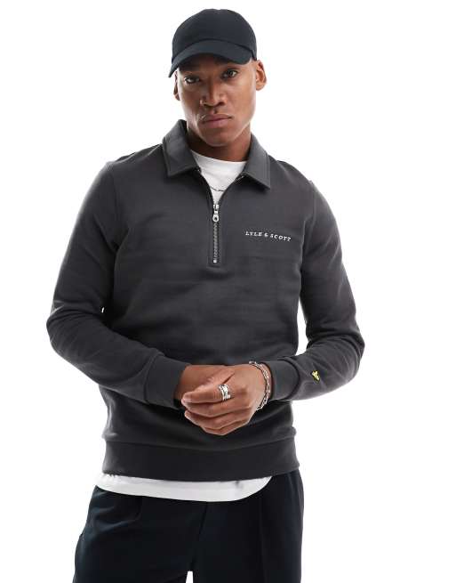 Lyle & Scott embroidered collared quarter zip in grey/white