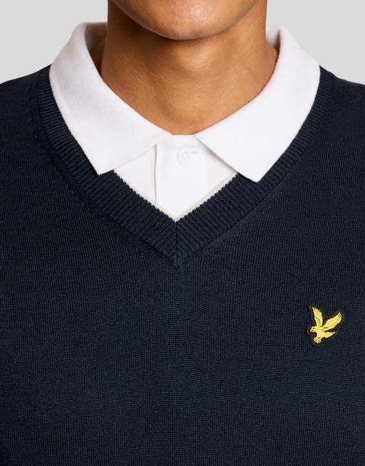 Lyle & Scott feiner Strick Golf-V-Ausschnitt-Leichtweste in z271 Dunkelmarineblau, 3 von 7