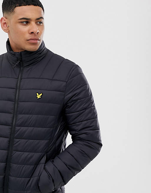 Lyle & Scott Fitness quilted logo puffer jacket in black | ASOS